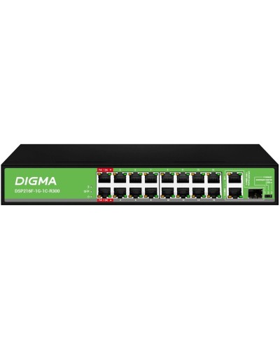 DSP216F-1G-1C-R300 (L2) 16х100Мбит/с 1х1Гбит/с 1хКомбо(1000BASE-T/SFP) 16PoE 16PoE+ 2PoE++ 300W. Коммутатор с питанием по PoE. Digma в Златоусте