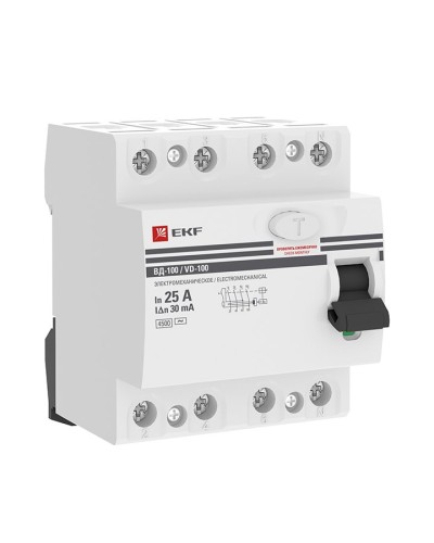 УЗО ВД-100 4P 25А 30мА тип AC эл-мех  PROxima (elcb-4-25-30-em-pro). Выключатель дифференциального тока (УЗО). EKF в Златоусте