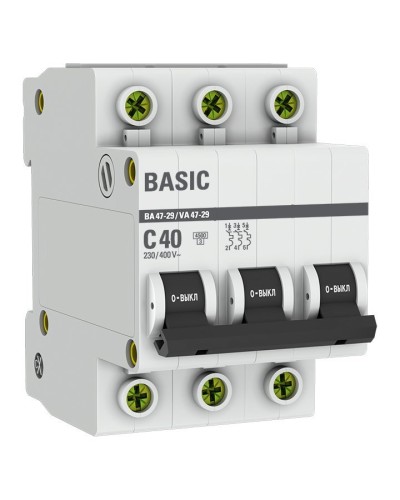 Автоматический выключатель 3P 40А (C) 4,5кА ВА 47-29 Basic (mcb4729-3-40C). Автоматический выключатель. EKF в Златоусте