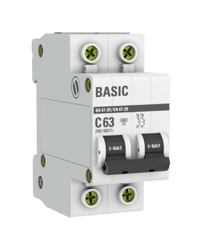Автоматический выключатель 2P 63А (C) 4,5кА ВА 47-29 Basic (mcb4729-2-63C). Автоматический выключатель. EKF в Златоусте