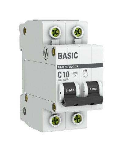 Автоматический выключатель 2P 10А (C) 4,5кА ВА 47-29 Basic (mcb4729-2-10C). Автоматический выключатель. EKF в Златоусте