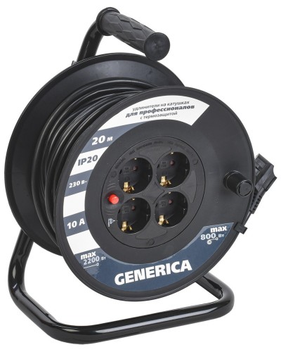 УК20 4 места 2P+PE, 20м GENERICA (WKP10-10-04-20-G). Удлинитель на катушке с термозащитой, 3х1,0кв.мм. IEK в Златоусте