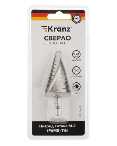 Сверло по металлу ступенчатое ТИТАН 9,0-36,0 мм 110 mm 65 HRC Р6М5 TiN Kranz (KR-12-6614): Сверло по металлу шлифованное в Златоусте